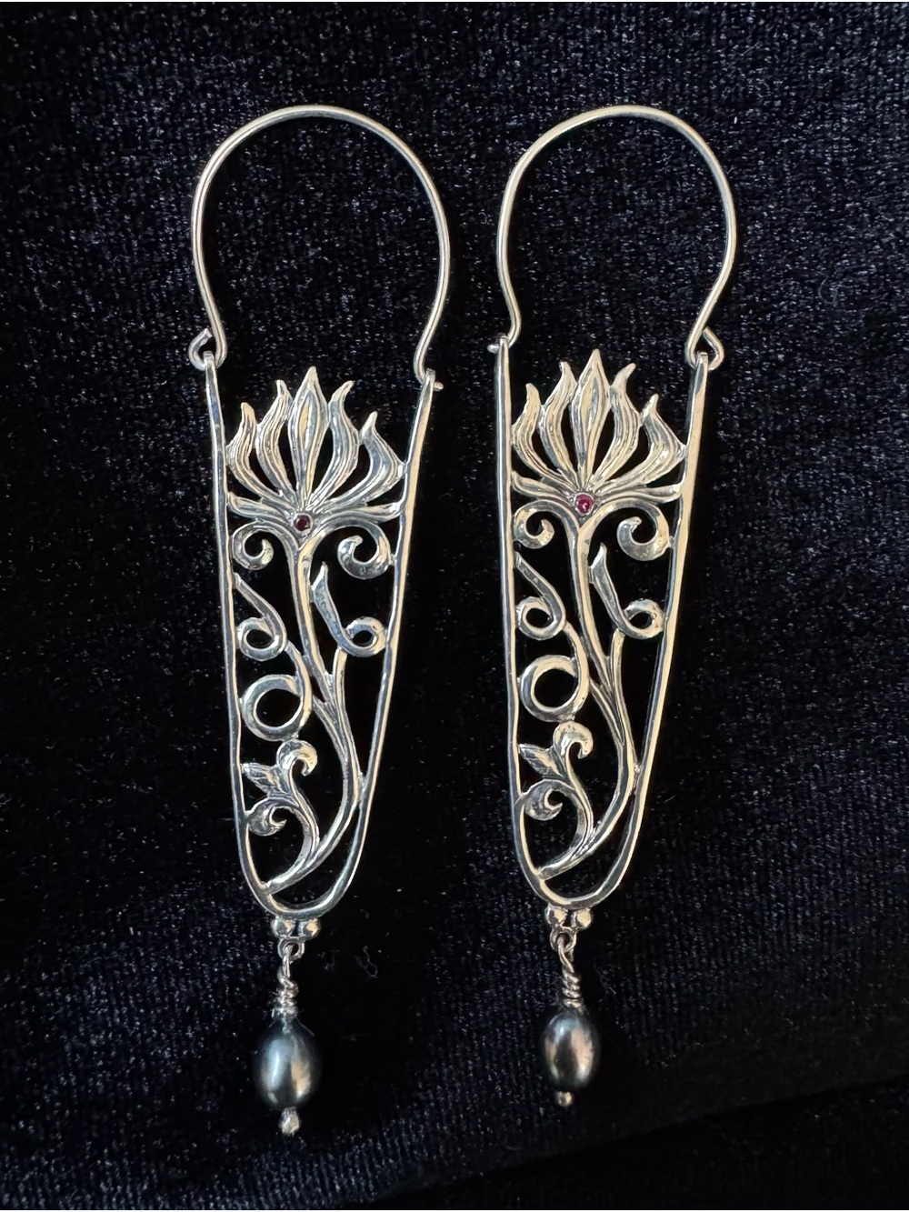 Artisan Sterling Silver Lotus Filigree Drop Earrings with Black Pearl Accent